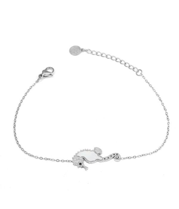 Pulsera fina plateada con caballito de mar esmaltado