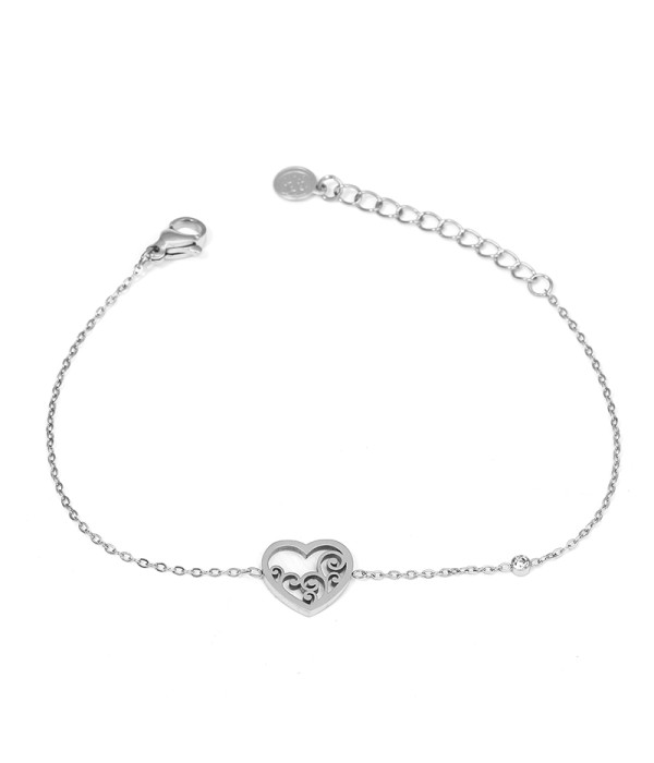 Pulsera plateada con corazón calado sobre nácar
