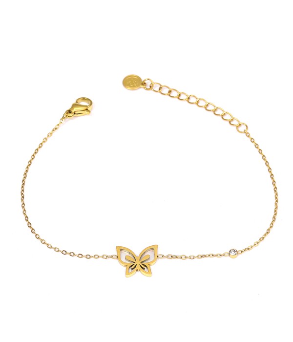 Pulsera dorada con mariposa calada sobre nácar