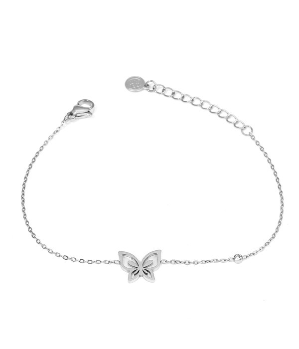 Pulsera plateada con mariposa calada sobre nácar