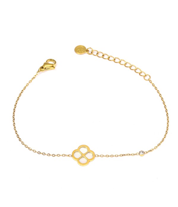 Pulsera dorada con trébol calado y nácar
