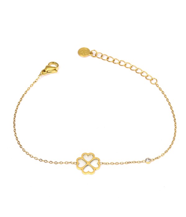 Pulsera dorada con trébol de corazones y nácar