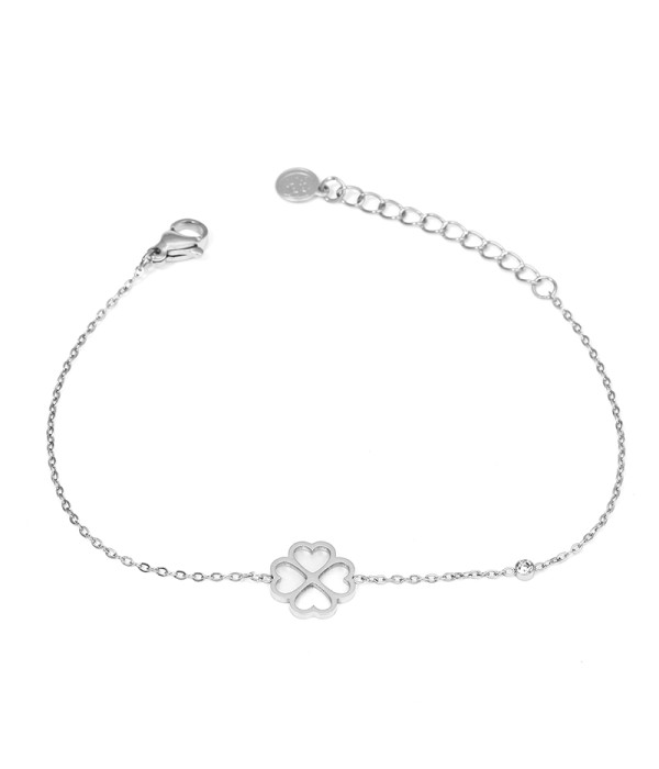 Pulsera plateada con trébol de corazones y nácar