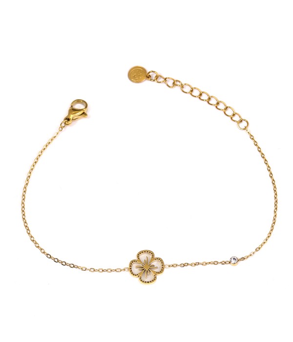 Pulsera dorada con flor y base nácar