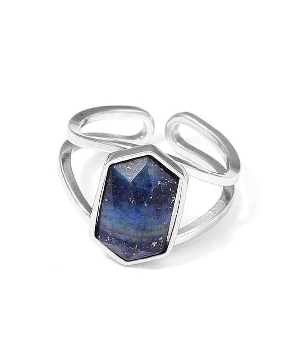 Anillo plateado ajustable con hexágono de piedra natural