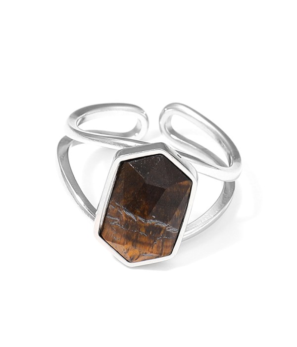 Anillo plateado ajustable con hexágono de piedra natural