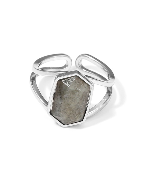 Anillo plateado ajustable con hexágono de piedra natural