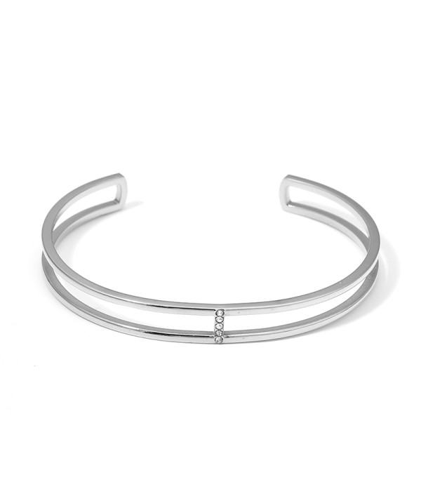 Pulsera rígida abierta plateada de doble aro con circonitas