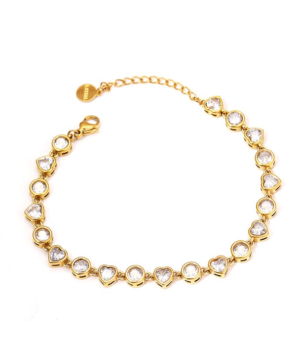 Pulsera dorada con circonitas en forma de corazón y redondas