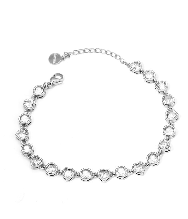 Pulsera plateada con circonitas en forma de corazón y redondas