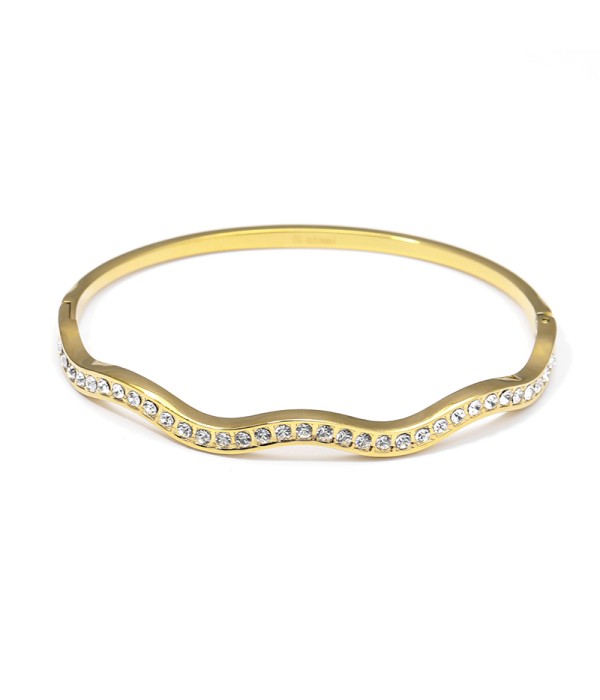 Pulsera rígida dorada con ondas y circonitas