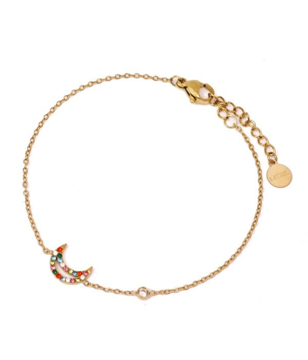 Pulsera dorada con luna de circonitas de colores