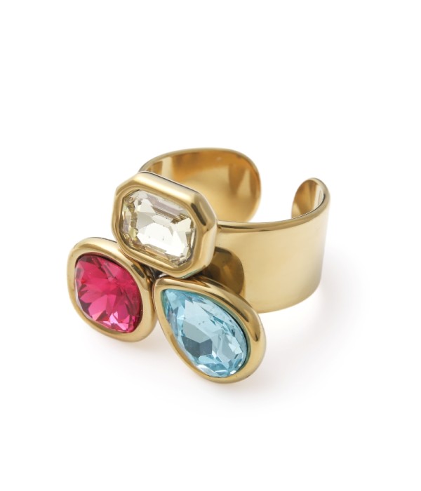 Anillo ancho con tres cristales multicolor