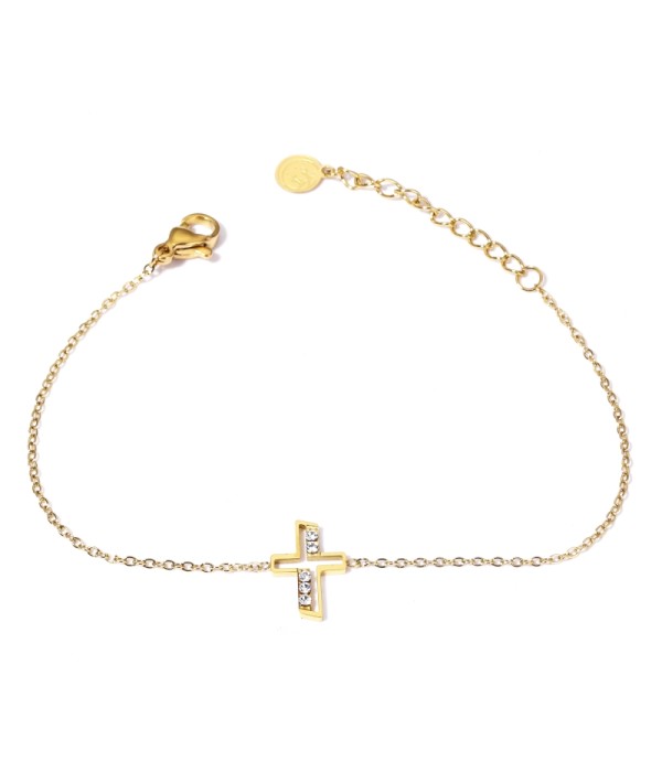 Pulsera dorada con cruz y detalles en circonitas