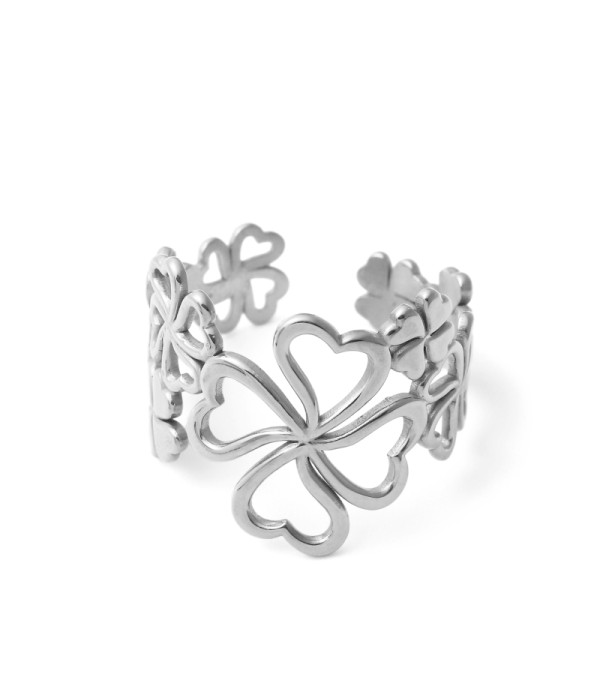 Anillo plateado calado de trébol de cuatro hojas