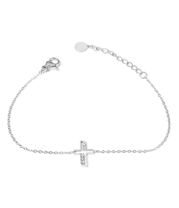 Pulsera plateada con cruz y detalles en circonitas