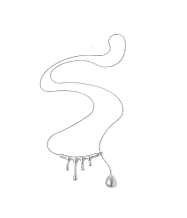 Collar largo plateado con diseño líquido y colgante de gota