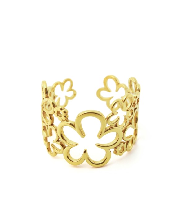 Anillo dorado con flores caladas