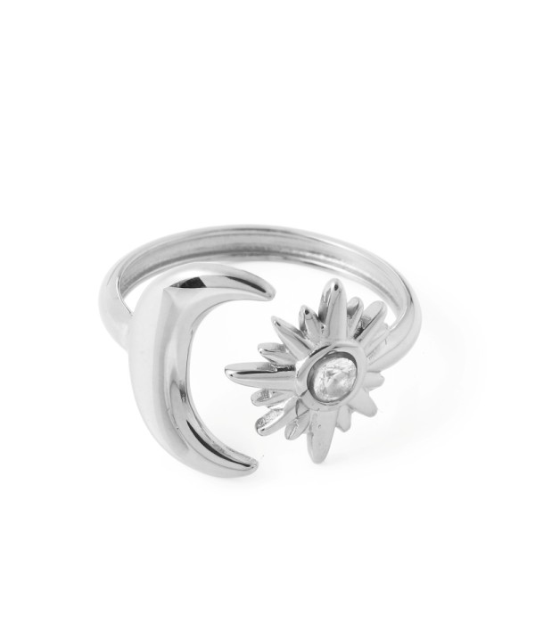 Anillo plateado de luna y sol con circonia