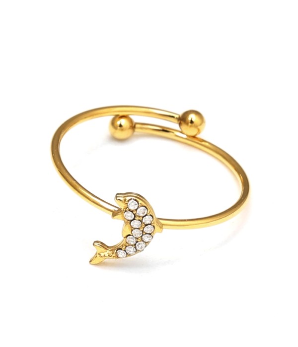 Anillo dorado con delfín y circonitas