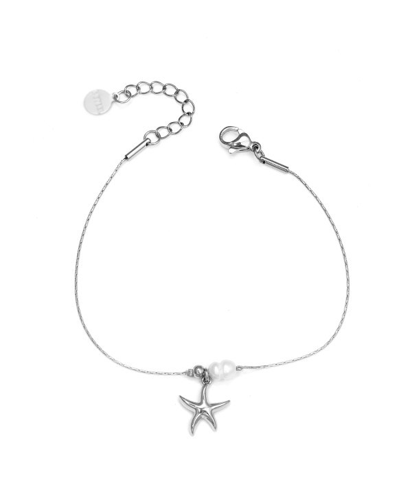 Pulsera plateada con estrella de mar y perla