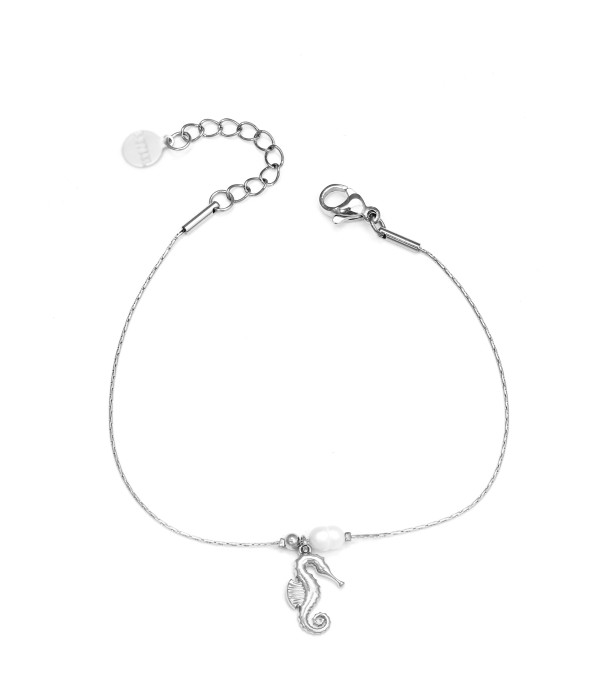 Pulsera plateada con caballito de mar y perla