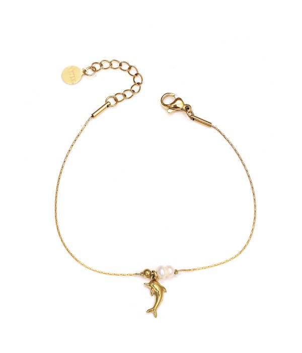 Pulsera dorada con delfín y perla
