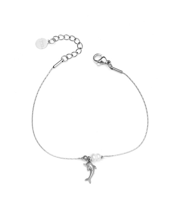 Pulsera plateada con delfín y perla