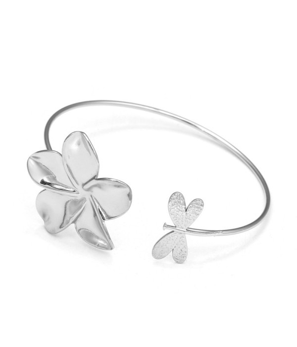 Pulsera rígida plateada con flor y libélula