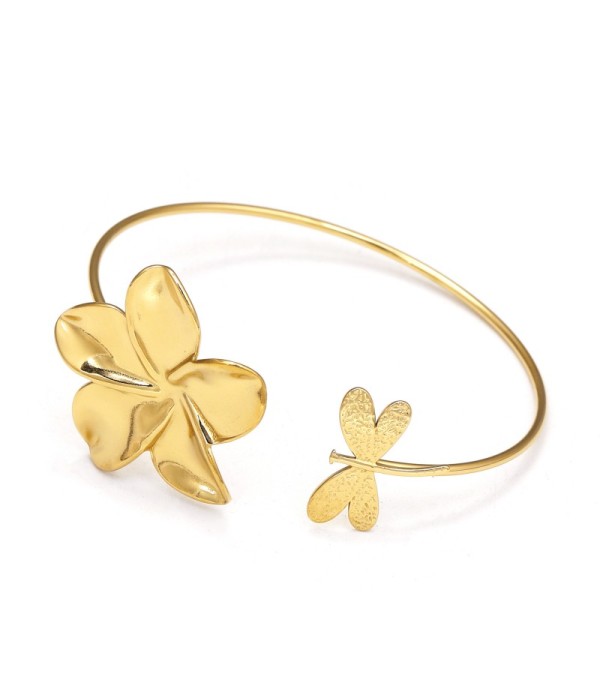 Pulsera rígida dorada con flor y libélula