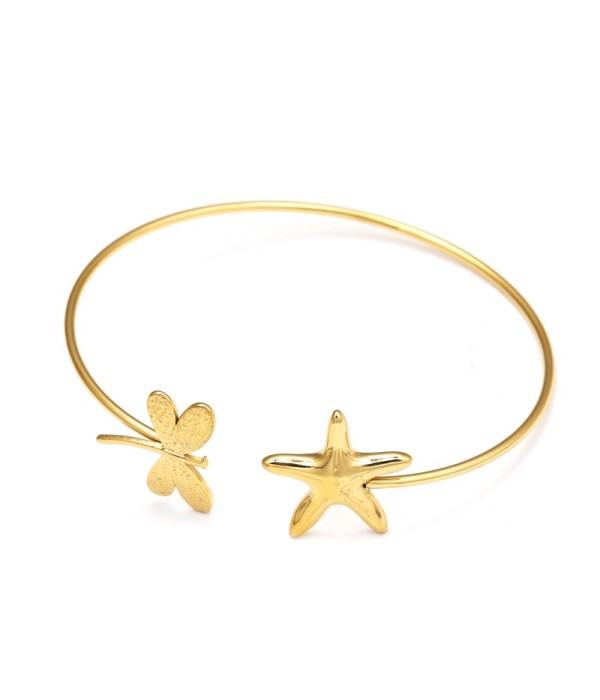Pulsera rígida dorada con estrella de mar y libélula