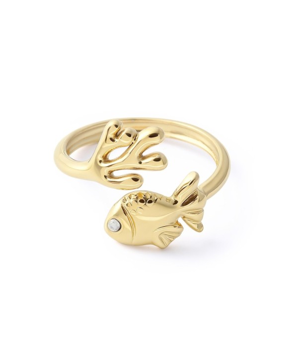 Anillo de alga marina y pez con circonita