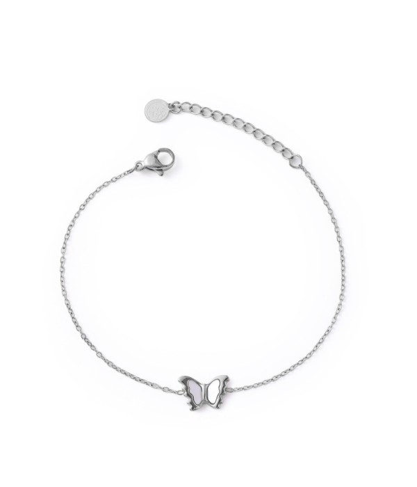 Pulsera plateada con mariposa con nácar