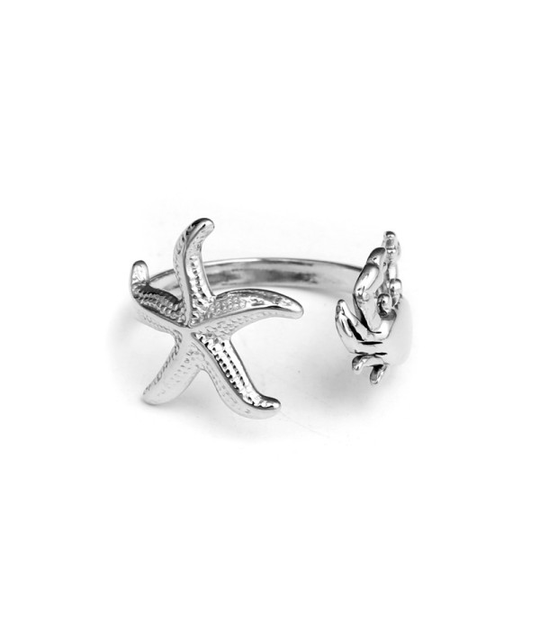 Anillo plateado de estrella de mar y cangrejo
