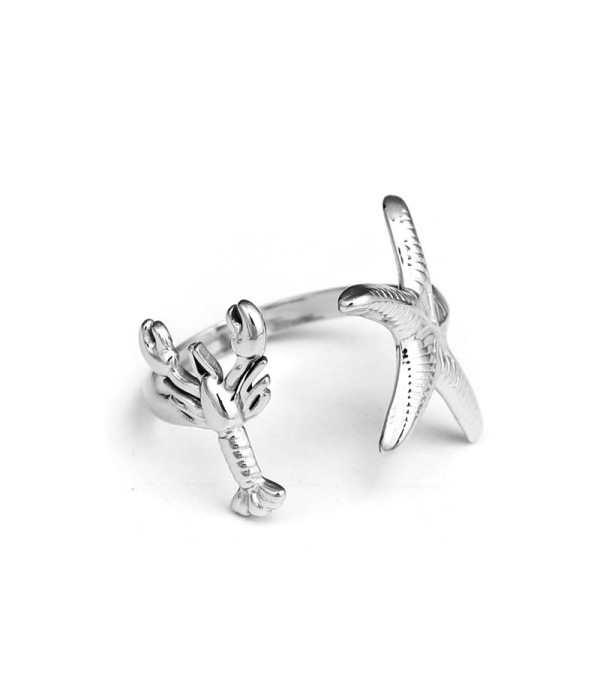 Anillo plateado de estrella de mar y langosta