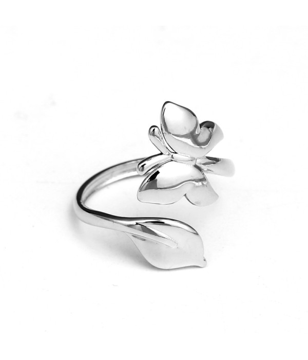 Anillo plateado de mariposa y hoja