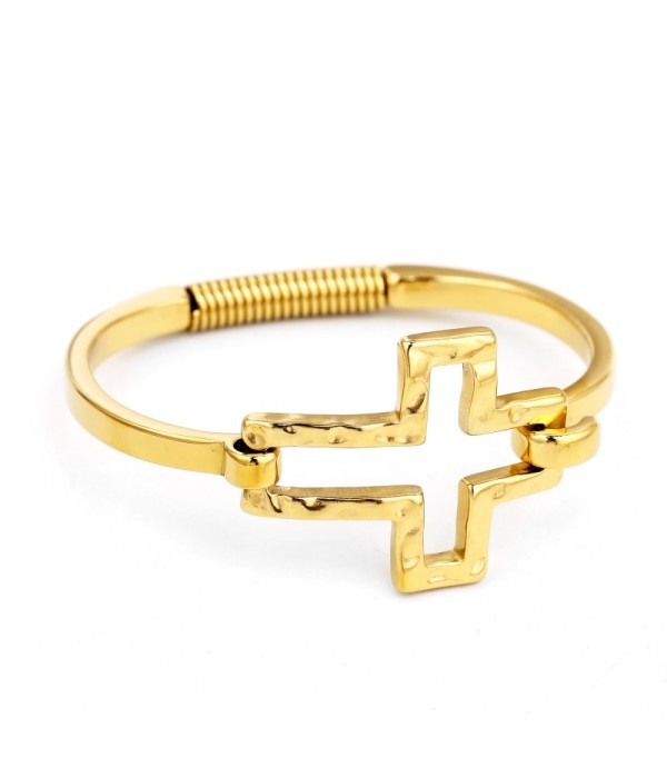 Pulsera rígida dorada con cruz central