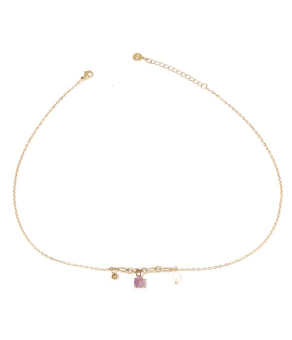 Collar dorado con colgante de piedra redondo y...