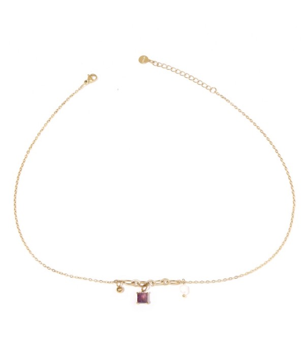 Collar dorado con colgante de piedra cuadrado y...