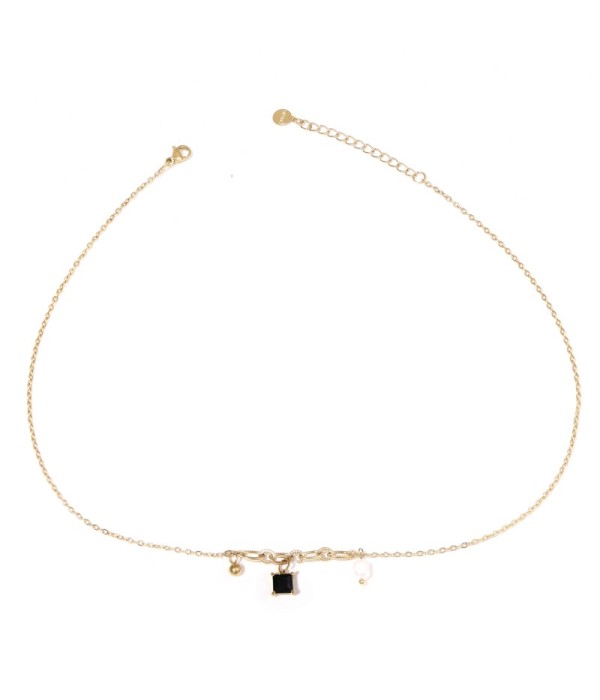 Collar dorado con colgante de piedra cuadrado y...
