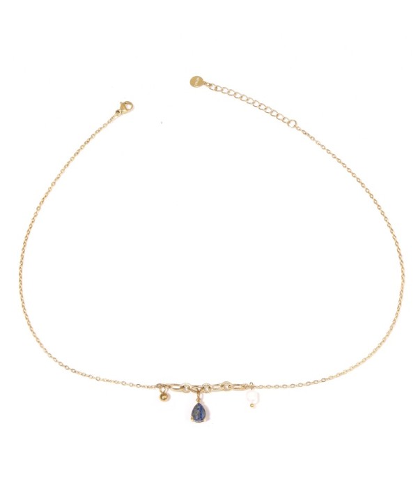 Collar dorado con colgante de piedra de gota y...