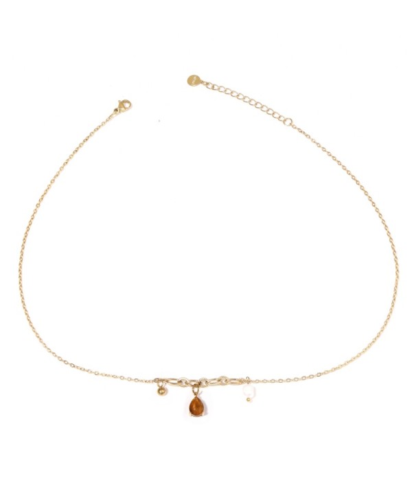 Collar dorado con colgante de piedra de gota y...