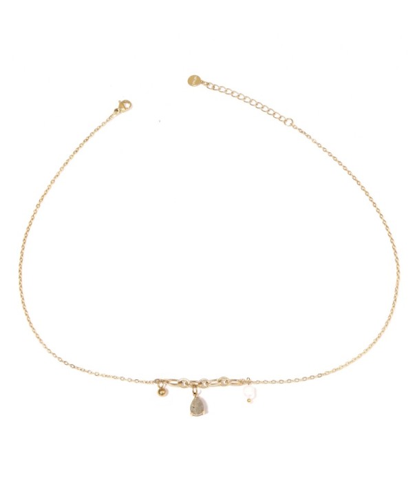 Collar dorado con colgante de piedra de gota y...