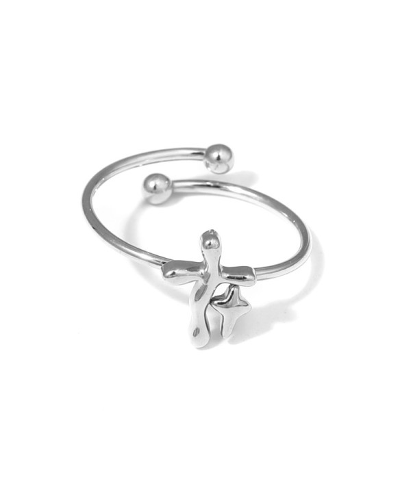 Anillo plateado con cruz y estrella de cuatro...