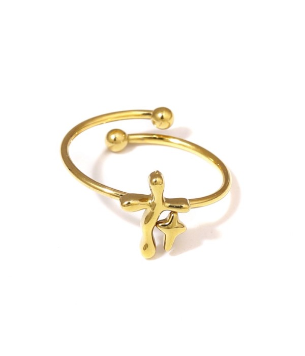 Anillo dorado con cruz y estrella de cuatro puntas