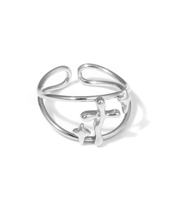 Anillo plateado con cruz y estrellas de cuatro...