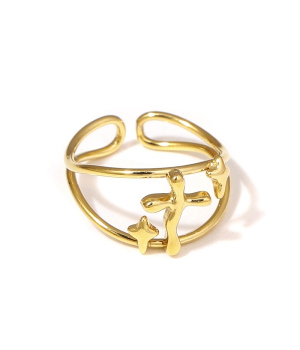 Anillo dorado con cruz y estrellas de cuatro...