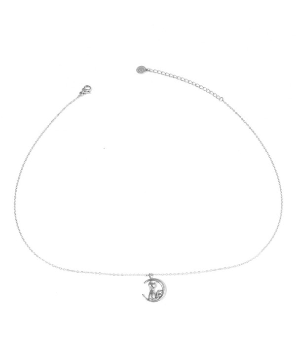 Collar plateado con colgante de luna y gato
