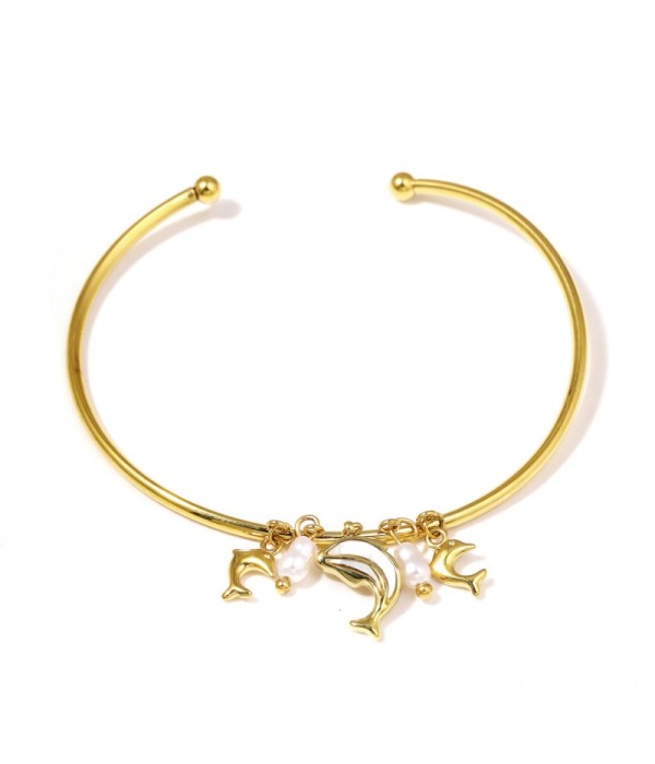 Pulsera rígida dorada con delfines  y perlas