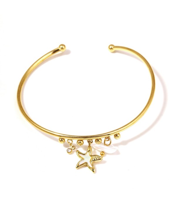 Pulsera rígida dorada con estrella de mar y perlas